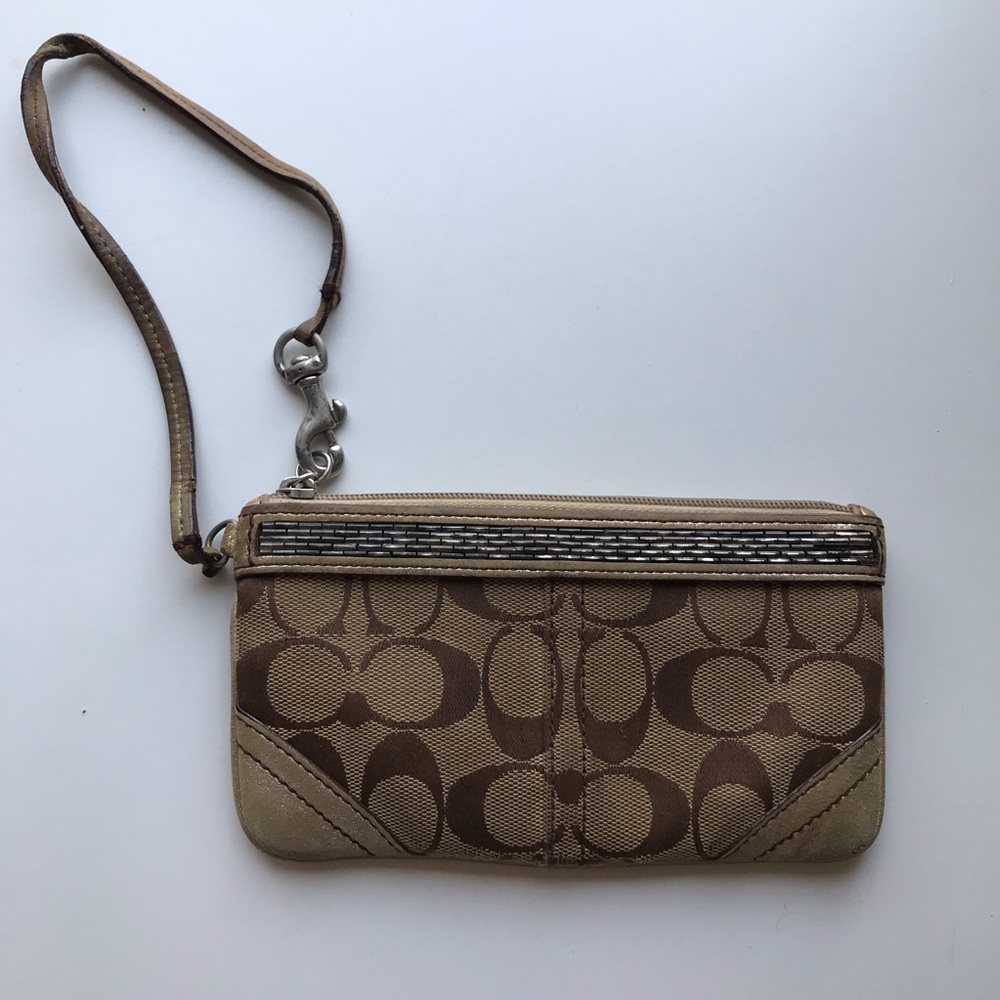 COACH wristlet tan leather and silver beading